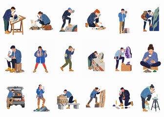 Vector illustrations of geologists and hobbyists examining stones, gems, and fossils with magnifying glasses, tools, and field equipment. © Sewelas