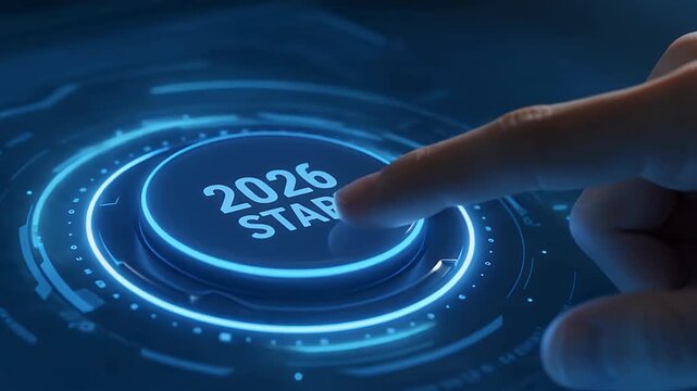 Hand Pressing Futuristic Blue Glowing Button with 2026 Start Text, New Year Launch and Technology Innovation Concept, Digital Future Interface