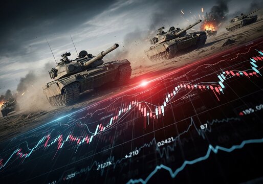 Tanks in battlefield with stock market graph overlay, war and finance concept