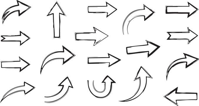 A comprehensive collection of black hand-drawn doodle arrows featuring a variety of styles, including curved, straight, arched, and U-turn pointers on a white background.