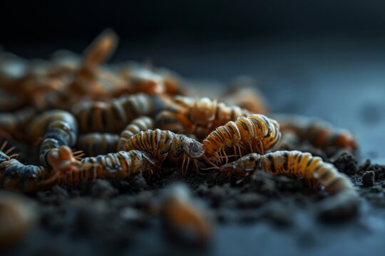 Close-up view of numerous larvae crawling on dark soil, showcasing their intricate textures and patterns, highlighting the natural lifecycle and ecosystem dynamics in a rich environment