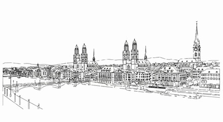 Fototapeta premium Black and white sketch of a European city skyline with multiple spires and bridges