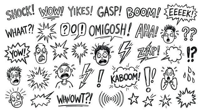 Collection of hand drawn comic book style sound effects and expressions of shock and surprise with speech bubbles and lightning bolts