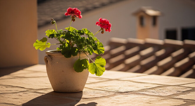 African geranium in terracotta pot on rustic wooden table with warm sunlight and Mediterranean backdrop