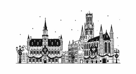 Fototapeta premium Black and white line art depicts ornate, historic European buildings adorned for a festive occasion
