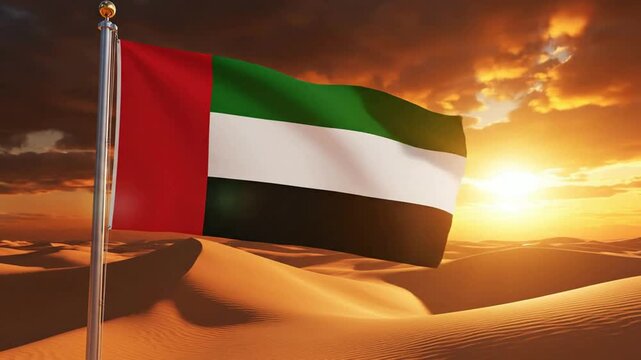 United arab emirates flag waving in desert wind at sunset, cinematic uae national symbol background, for patriotic projects