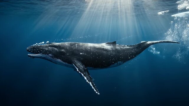 Underwater View of Humpback Whale Swimming in Deep Blue Sea
