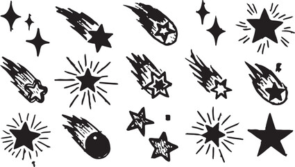 A creative collection of black hand-drawn celestial icons featuring twinkling stars, sparkling bursts, and shooting comets on a clean white background. © crea8ive