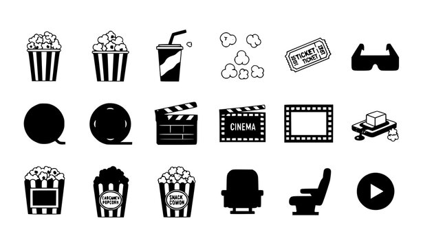 Flat popcorn icons pack vector set with cinema snack elements and movie symbols isolated on white background