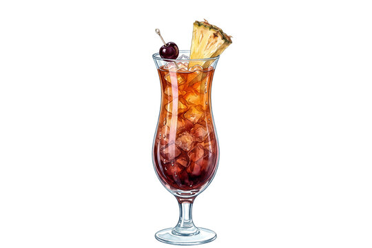 isolated watercolor illustration of a tropical mai tai or rum punch cocktail in a hurricane glass on transparent background
