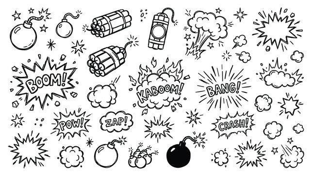 Explosion comic book style doodles with bomb dynamite and sound effects like boom zap pow crash bang kaboom