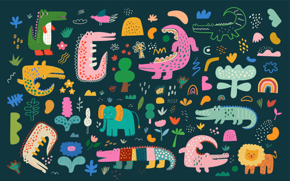 Baby animals naive hand drawn pattern. Baby hand drawn design for textile, posters, cards.