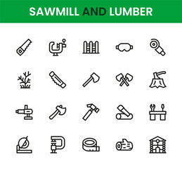 Fototapeta premium Sawmill and lumber icon set. Professional minimalist line icon bundle featuring timber industry elements, woodworking tools, forestry visuals, clean icons and refined style