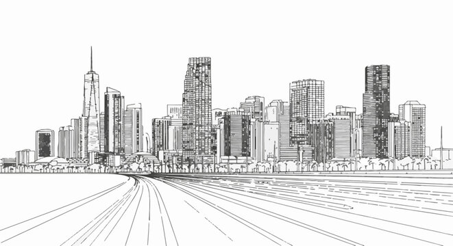 Sketch of a sprawling city skyline with a futuristic look and converging roads