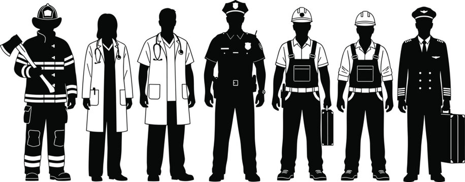 Black Silhouette Set of Essential Workers Including Doctor Firefighter Police Officer Engineer and Pilot Standing Isolated on White Background for Professional Design