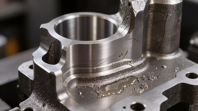 Close-up of precision machined steel engine block or industrial metal part with oil traces and metal shavings, machining process, manufacturing, and heavy industry concept