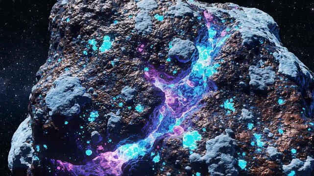 Glowing asteroid space rock with luminescent crystals and nebula background cosmic celestial body science fiction