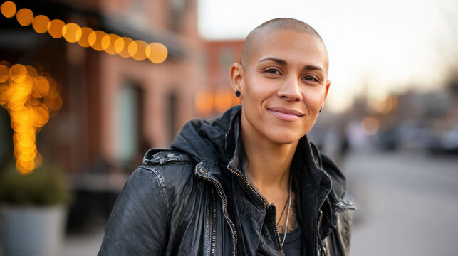 A transgender man with a shaved head, wearing a leather jacket, walking confidently down the street. Lesbian couple friends generation z.