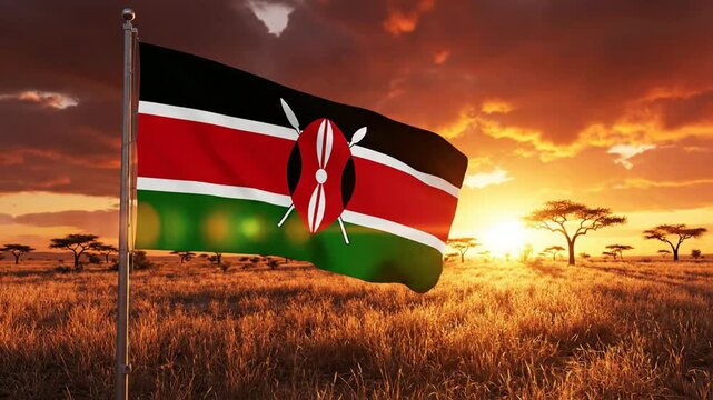 Kenya flag waving proudly against a dramatic african savannah sunset background, national pride and, travel concept