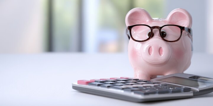 The piggy bank with glasses and calculator symbolizing smart savings and financial planning