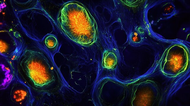 Confocal fluorescence micrograph of orange mesocarp cells and flavedo oil glands, multi-channel glow: lime green cell walls, amber cytoplasm, deep violet nuclei, bright ascorbic acid hotspots
