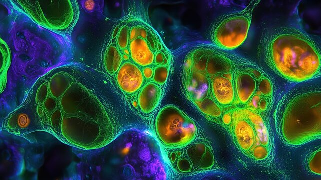 Confocal fluorescence micrograph of orange mesocarp cells and flavedo oil glands, multi-channel glow: lime green cell walls, amber cytoplasm, deep violet nuclei, bright ascorbic acid hotspots