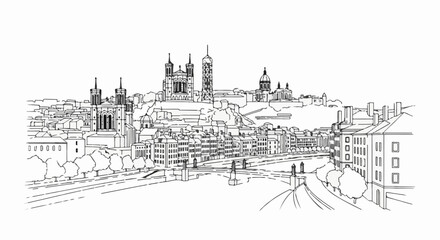 Fototapeta premium Pen and ink sketch of a grand cityscape with a prominent cathedral on a hill