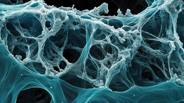 Scanning electron microscope image of healthy collagen fiber bundles versus fragmented disorganized collagen from vitamin C deficiency, side by side cross-section view, extreme magnification 50000x
