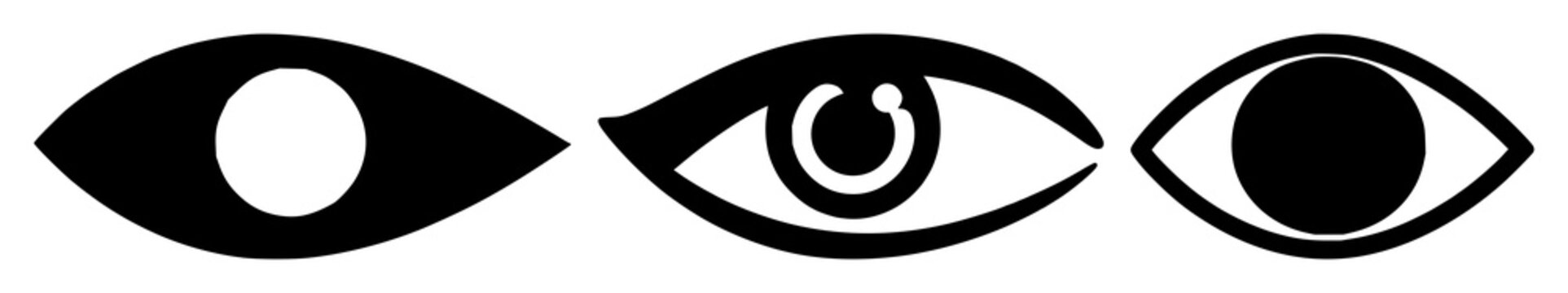 Eye icon set with solid black graphic on white background featuring eye, computer, vision, scanning with technology and design