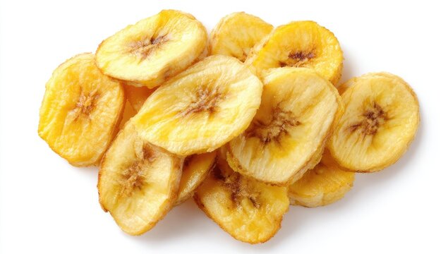 A pile of dehydrated banana slices, golden yellow, with visible brown centers