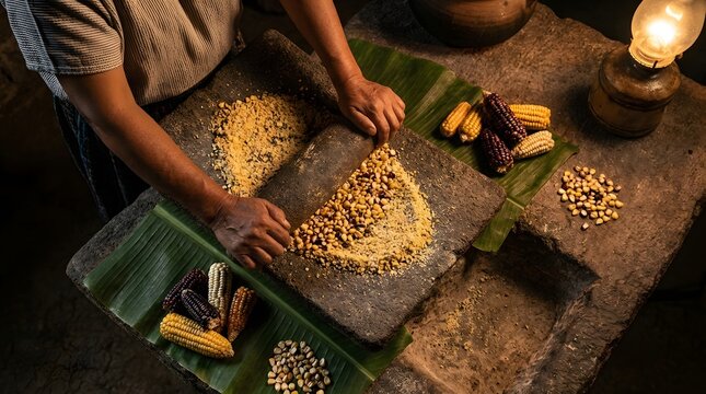 Hands of Person Grinding Dried Corn on Traditional Stone Metate at Night with Oil Lamp Lighting