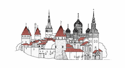 Obraz premium Detailed sketch of historic buildings with conical roofs and spires