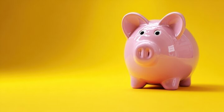 The piggy bank on bright yellow backdrop symbolizing savings, budgeting and financial planning for future