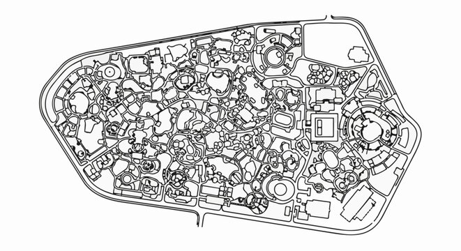 Black and white schematic map of a complex amusement park with many attractions