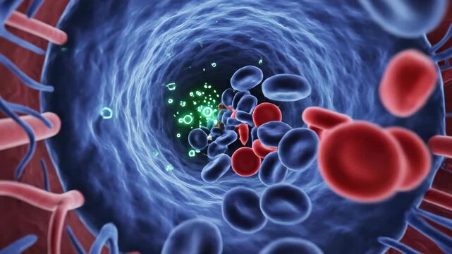 Bloodstream Journey - Red Blood Cells, White Blood Cells, and Platelets Flowing Through Veins and Arteries.