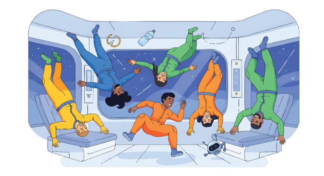 Astronauts floating in zero gravity space station interior