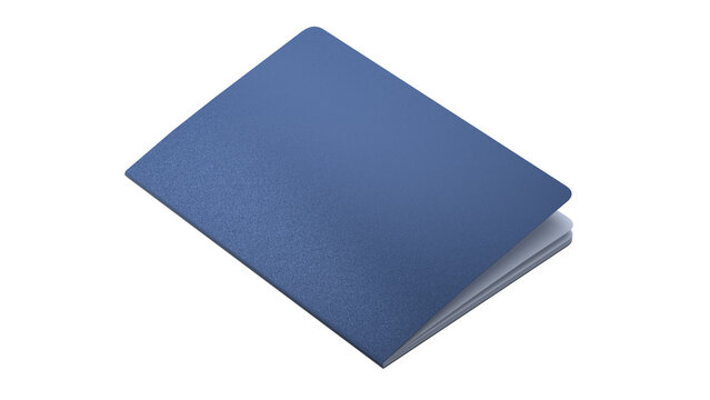 Blank blue passport with a biometric chip symbol on an isolated white background. Generic passport template mockup with no text and a minimal design. Realistic 3D rendering.