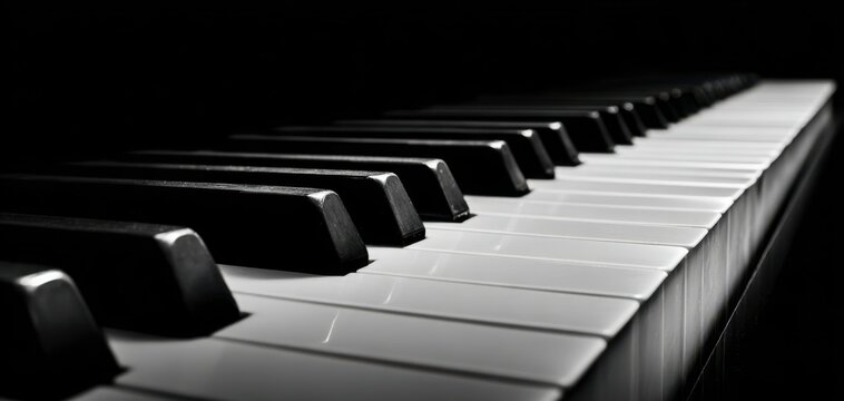 The Piano Keyboard in Dramatic Black and White Close Up with Deep Perspective