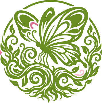 Green butterfly and floral swirl illustration. Features a stylized insect with delicate wings amidst intricate organic patterns. Elegant vector art for nature, beauty, and environmental themes.