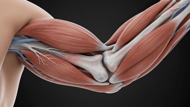 Detailed Human Arm Anatomy with Muscles, Bones, and Nerves Displayed.