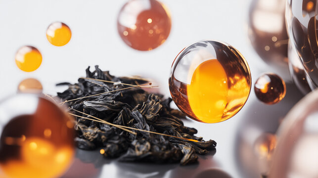 Close up of high quality dried tea leaves with glowing amber liquid drops and soft bokeh