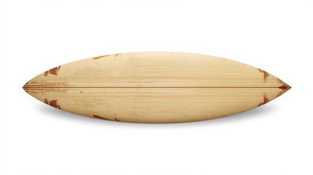 Vintage wooden surfboard with a classic teardrop shape and weathered finish isolated on white background