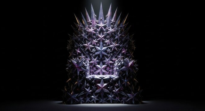 Majestic throne is intricately constructed from numerous sharp metallic stars against a dark background.