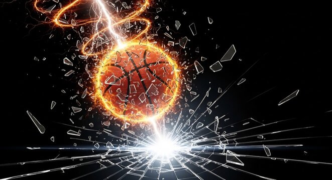 burning basketball shattering glass with lightning strike and explosive impact