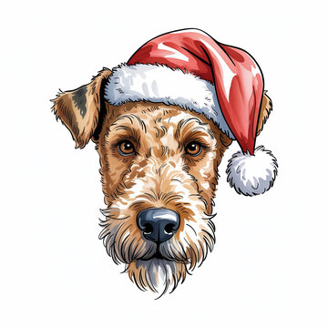 Festive Airedale Terrier Dog Wearing a Santa Hat Illustration for Christmas Celebrations