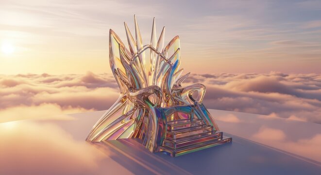 Iridescent glass throne stands prominently above a sea of clouds during a serene sunset.