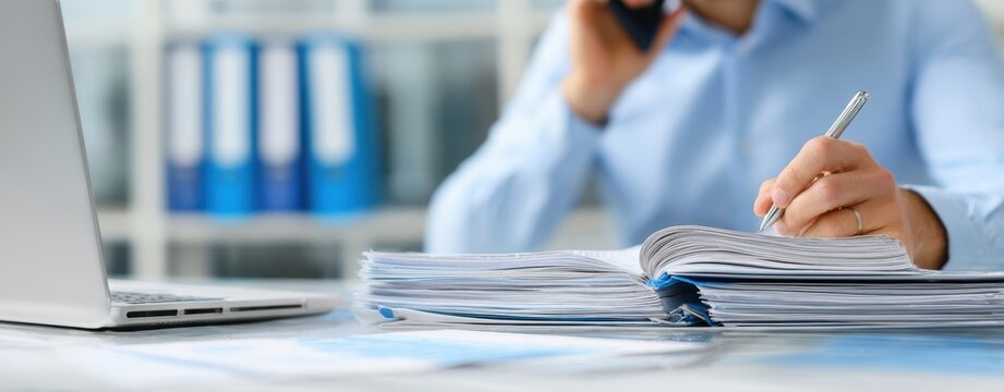 The stack of business documents being reviewed beside a laptop and mobile phone