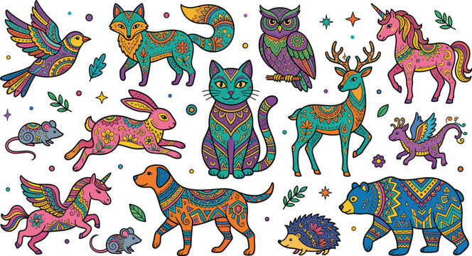 Set of Colorful Ornamental Animals with Intricate Mandala Patterns and Tribal Designs Including Cat, Dog, Fox, Owl, Deer, Bear, and Unicorn for Coloring Books