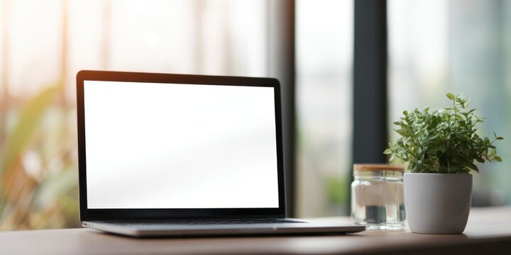 The Laptop on a Bright Modern Workspace with Plant and Glass Jar
