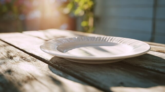 Blank White Plate on Rustic Wooden Table